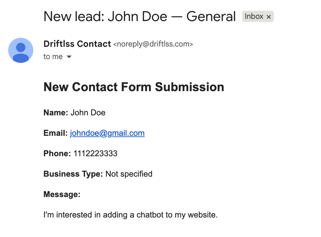 Lead capture email notification from chatbot
